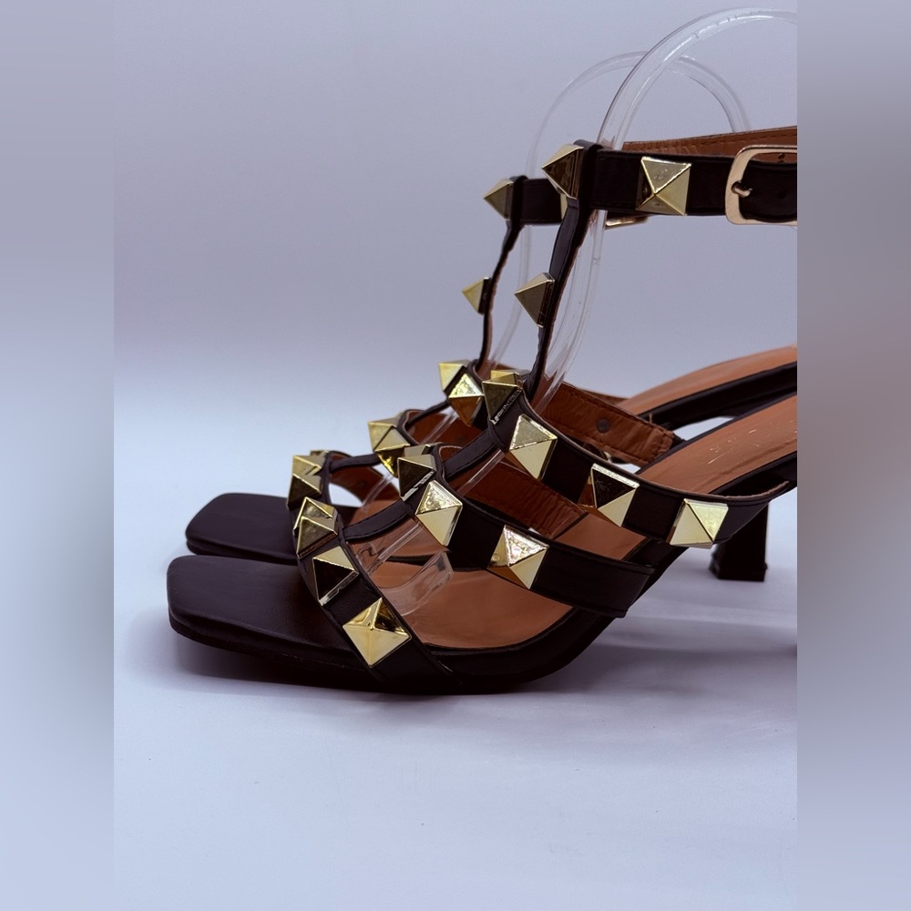 Nicole Miller NY Gold Studded Black Heeled Sandals – Ankle Strap Fashion Heels - Picture 4 of 16
